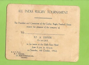 #D609. 1952  ALL  INDIA RUGBY UNION DINNER TICKET - CEYLON - Bild 1 von 2