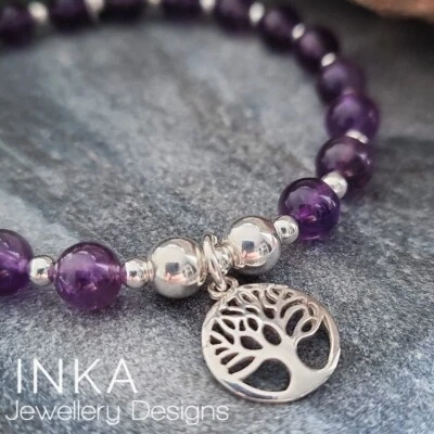Pulsera de plata de ley 925 y amatista ÁRBOL DE LA VIDA 925 apilador elástico de INKA Foto 1 de 4