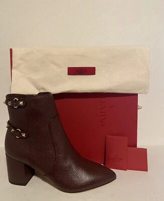 Valentino Rockstud Punta Punta Punta MARRÓN Cuero Botines Bota Tacón Bloque 39-8.5 Foto 1 de 4