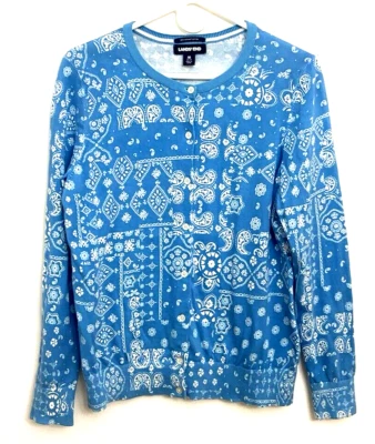 Lands' End Cardigan Sweater Sz M (10-12) 100% Supima Cotton Blue & White Paisley - Imagem 1 de 4