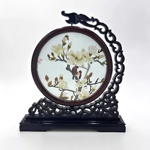 Asian Needlework Panel Double Sided Silk Embroidery in a Spinning Wooden Frame - Picture 1 of 10