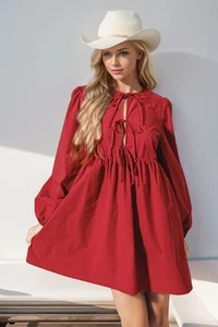 Double Take Christmas Front Tied Long Sleeve Mini Dress - Picture 1 of 4
