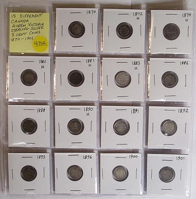 15 different CANADA Queen Victoria 5 Cent 0.925 SILVER coins 1870 -1901 #16702 - Image 1 of 4
