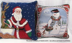 LOT 2 NEW CHRISTMAS HOLIDAY THROW PILLOW Snowman, Needlepoint Santa Home Decor - Picture 1 of 4