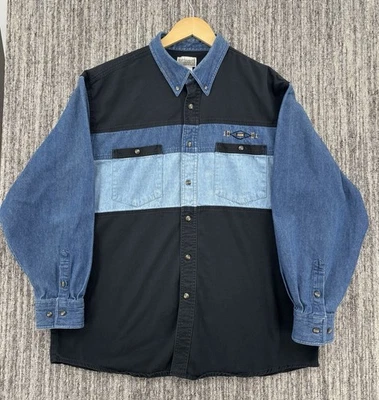 VTG Blue Black Color Block Chambray Denim Button Western Aztec Shirt Men’s Large - Image 1 of 4
