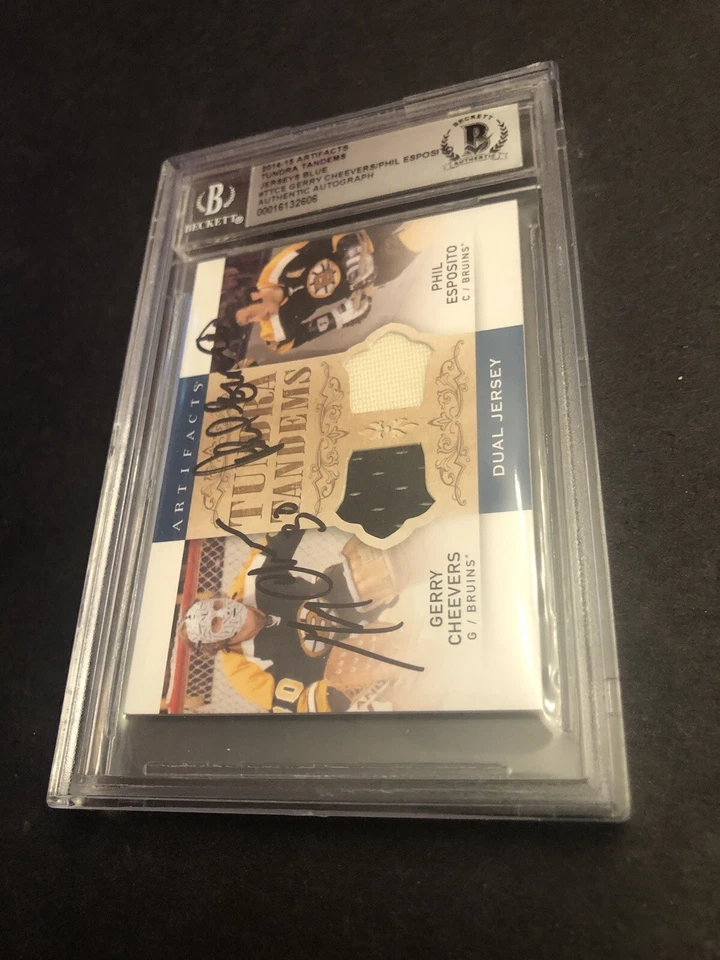 Beckett Slabbed Gerry Cheevers Phil Esposito Dual Auto Jerseys Tundra Tandems - Image 1 of 4