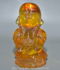 6 " Old Chinese Yellow Amber Carved Buddhist monk shaveling Heshang Statue