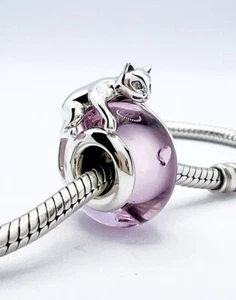 💖 Rosa I Love My Cat Murano Glas Charm Bead Echt 925 Sterling Silber 💖 - Bild 1 von 11
