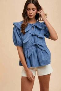 Annie Wear Stripe Front Bow Denim Peplum Blouse - Picture 1 of 9