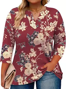 Womens plus Size Tops Casual 3/4 Sleeve V Neck T Shirt Loose Fit Tunic Blouse 1X - Picture 1 of 27