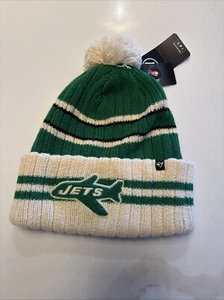 NEW YORK JETS  Cuffed KNIT CAP  NFL 47 Brand MENS GREEN/TAN WITH POM Hat NEW - Picture 1 of 6