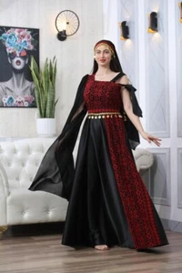 Vestido de novia de henna bordado rojo de lujo satinado tradicional palestino Tatreez - Imagen 1 de 4