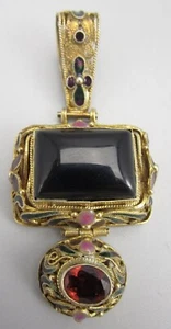 LOVELY BARBARA GARWOOD "CHINESE EXPORT" STERLING ONYX GARNET ENAMEL PENDANT - Picture 1 of 4