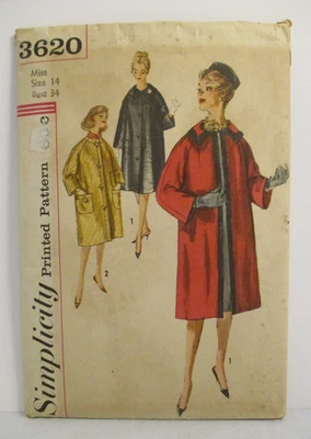 Simplicity Pattern 3620 Misses Lined Coat Sz 14 Bust 34 Cut Complete 1960's Vtg - Image 1 of 4