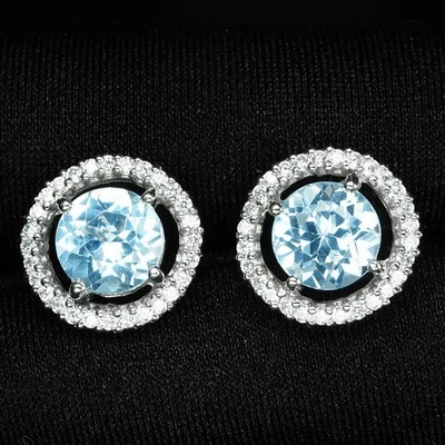 Velvety Baby Blue Aquamarine 3.50Ct 925 Sterling Silver White Gold Stud Earrings - Image 1 of 4