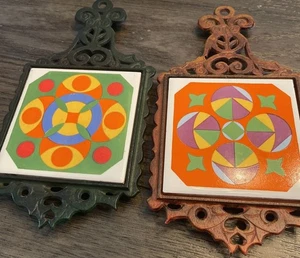 Vintage Cast Iron & Ceramic Tile Trivet decor hot plate Geometric Lot Of 2 Japan - Picture 1 of 10