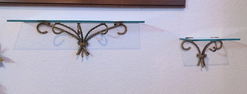 Set 2 VTG Brass/Metal Rope & Glass Wall Mount Shelf Hollywood Regency  7"&17.5" - Image 1 of 4