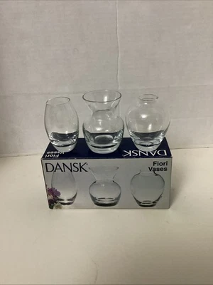 Dansk Fiori Set Of 3 Mini Clear Glass Bud Vases Mixed Styles 3" Original Box - Image 1 of 4