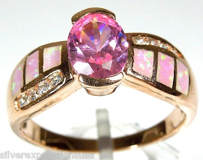 Anel de prata esterlina 925 folheado a ouro rosa 14K topázio rosa e opala de fogo tamanho 6 - 9 - Imagem 1 de 3