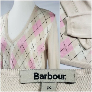 Barbour - Pink and Cream Argyle V Neck Fine Gauge Cotton Sweater - Womens 14 - Picture 1 of 12