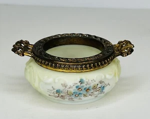 Wave Crest Vtg Glass Floral Trinket Bowl Brass Rim Open Pin Dish Blue Flowers - Picture 1 of 12