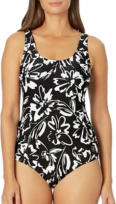 NWT Hurley Womens One Piece Swimsuit Black White Floral Tropical surf M 6 8 NEW - Image 1 of 4