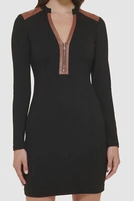 Guess Women's Black Ponte-Knit Zip-Front Faux-Leather-Trim Dress Size 14 - Image 1 of 3