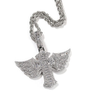 Hip Hop Angel Wings Cross Pattern Pendants Necklace 5A Zircon Religious Jewelry