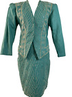 Vtg Sonny Leather Skirt Jacket Suits Set Women?S Small Embroidered Sequins Teals