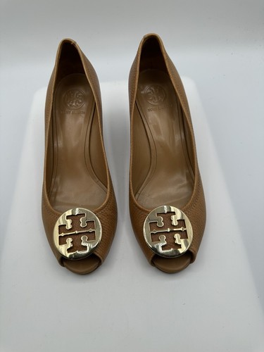 Tory Burch décolleté da donna in pelle marrone con zeppa logo oro punta aperta taglia 10 5 M