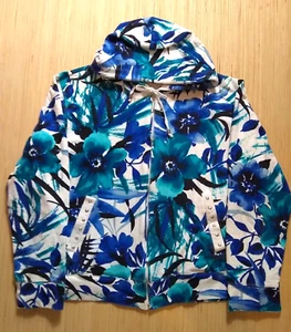 Onque Casuals Jacket Women's L Tie Hoodie Zip Up 2-Stud Pkts Wht/Blue Floral EUC - Picture 1 of 9