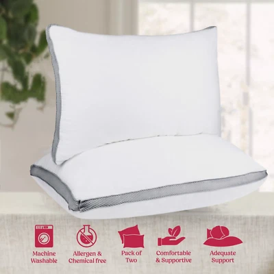 Gusseted Pillow Set of 2 Bed Pillows Neck Support Side Back Sleepers Pillowcase - Image 1 of 4