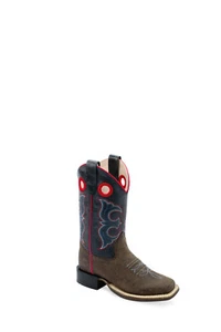Old West Kids Unisex Broad Square Toe Dk Brown/Cactus Navy Leather Cowboy Boots - Picture 1 of 2