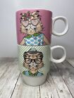 Set Of 2 Retro Stackable Cat W/ Glasses Mugs - His And Hers Matching Pink Green