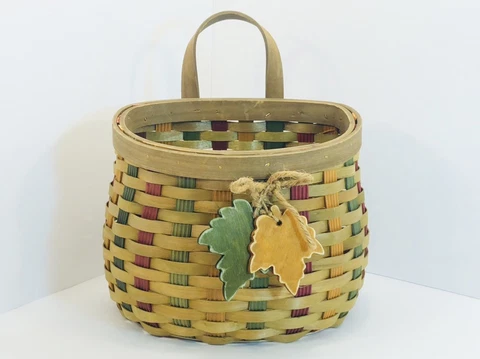Autumn Fall Multicolor HandWoven Basket With Handle Wood Maple Leaves Wall Table Cover