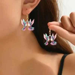 Glamorous Colorful Acrylic Hummingbird Earrings 2D Design Women Fashion Gift - Picture 1 of 3