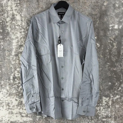 NEW Express Mens Size L 16-16.5 Slim Cotton Button Shirt Gray Long Sleeve Collar - Image 1 of 4