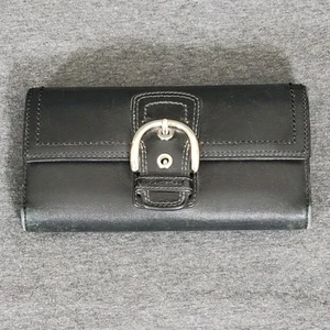 COACH Soho Nickel Buckle Tri-Fold Wallet Black All Leather Clutch Checkbook Size - Picture 1 of 14