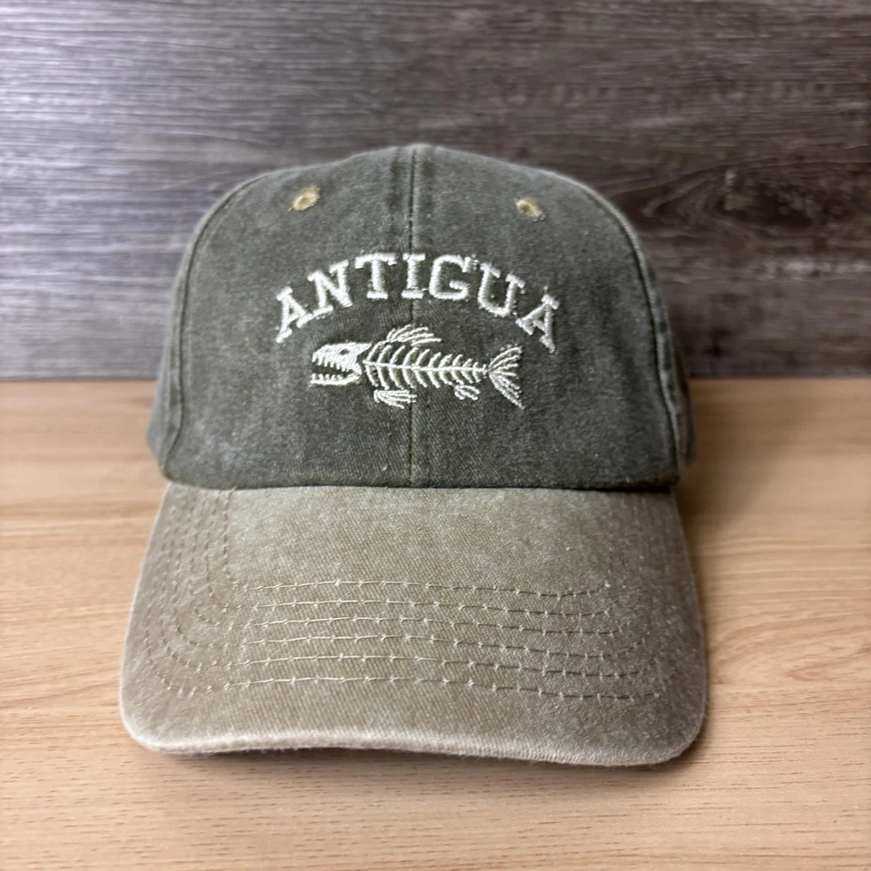 Antigua Hat Cap Strap Back Green Khaki Embroidered Fish Skeleton Mens Dad Cap - Image 1 of 4