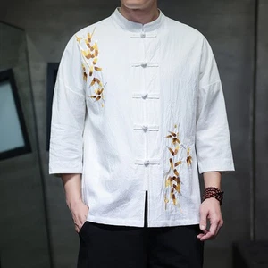 2025 Summer New Chinese-style Men's Button-up Cotton and Linen Embroidered Shirt - Picture 1 of 27