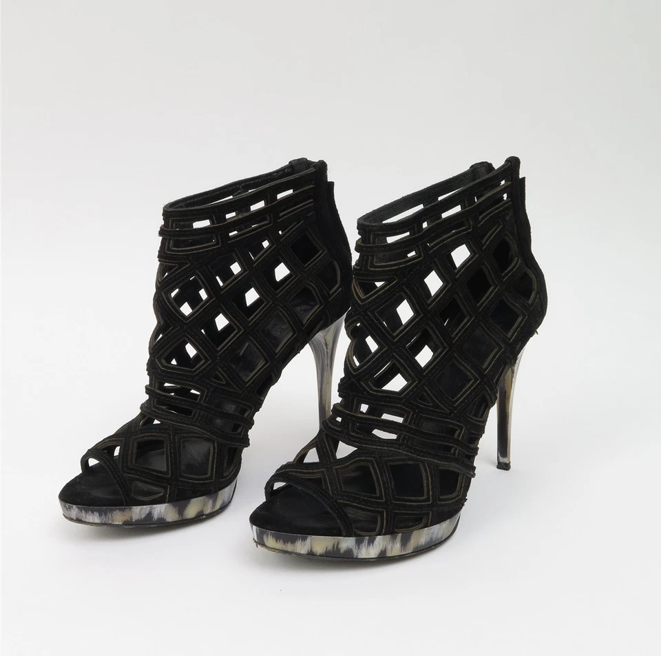 Sandalias de aguja Burberry negras de gamuza con patrón geométrico plataforma recortada 36,5 EU Foto 1 de 4