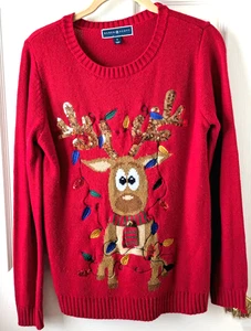 Karen Scott Womens Christmas Sequined Bell Reindeer Red Sweater Sz S Xmas Ugly - Picture 1 of 2