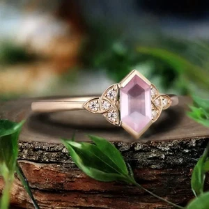 14k Gold Plated 925 Silver Natural Rose Quartz Art Deco Engagement Ring For Her - Picture 1 of 4