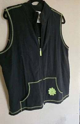 Quacker Factory Black Full Zip Sleeveless Vest Lime Green Stitching Sz XL Flower - Image 1 of 4