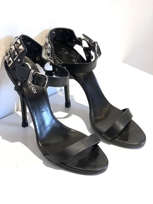 GIUSEPPE ZANOTTI x BALMAIN Black Leather Silver Stud Stiletto Heels Sandals EU37 - Image 1 of 4