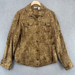 Chicos Jacke Damen 2 US 12 Gold Schimmer Batik Animal Print Knopf Kragen Jeans - Bild 1 von 10