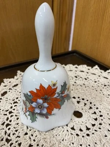 Vintage Christmas Poinsettia Holly Porcelain ~ Ceramic Bell with original box - Picture 1 of 7