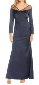 Adrianna Papell Illusion Long Sleeves Off The Shoulder Satin Gown - Picture 1 of 5