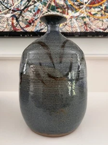 Vintage Mid Century Modern Stoneware Pottery Vase Signed Brinker ‘76 Blue - Picture 1 of 12