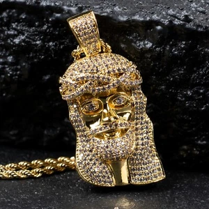 Gold Plated Mini Iced Jesus Piece Hip Hop Pendant With Rope Chain Necklace - Picture 1 of 4